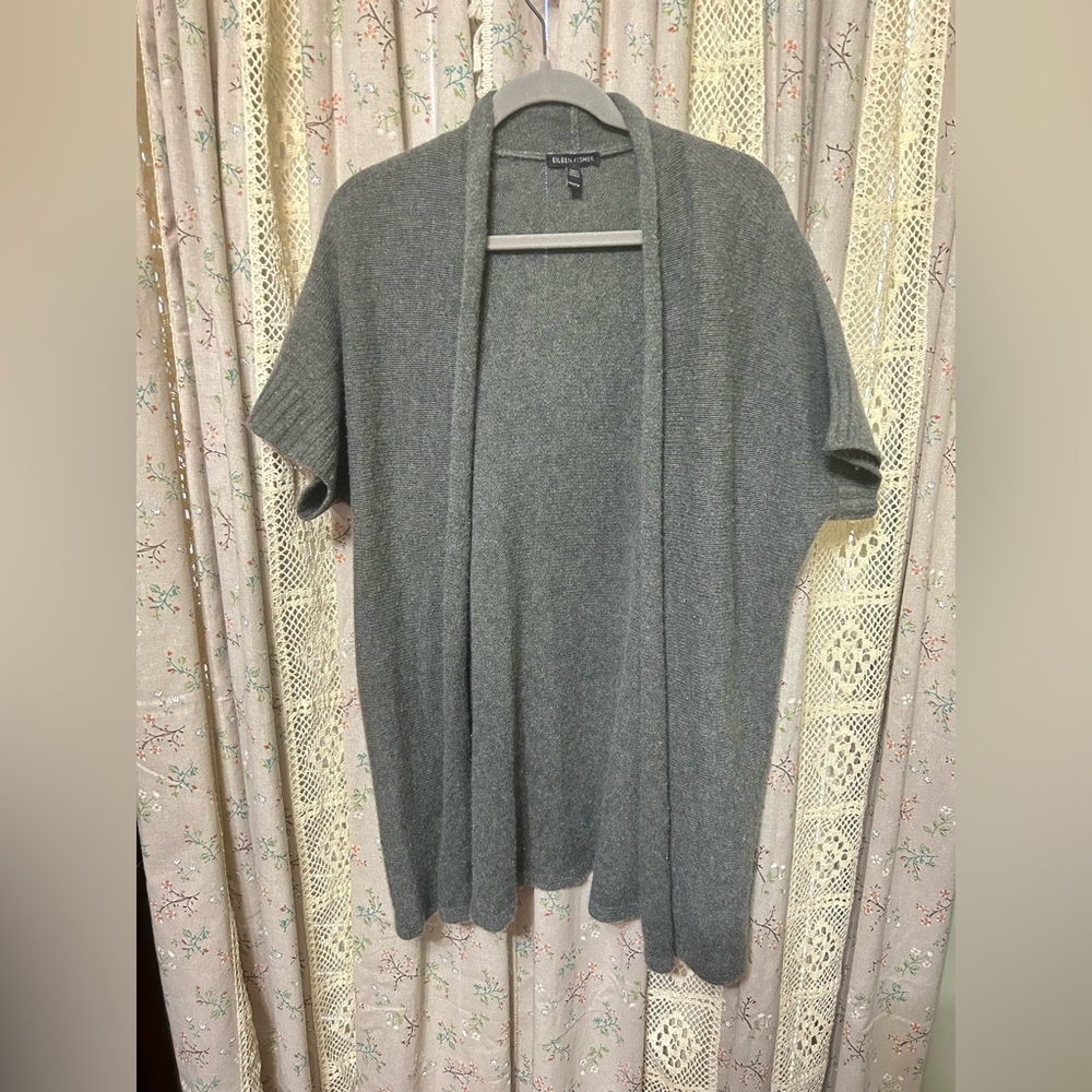 Eileen Fisher Gray 100% Cashmere Open Front Short Sleeve Cardigan XXS‎